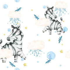  Hand drawn watercolor cute baby zebra walking, cartoon isolated illustration on white background