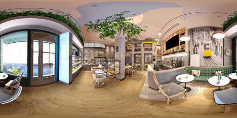 Wall Mural - 3d render of cafe restaurant, 360 degrees view interior