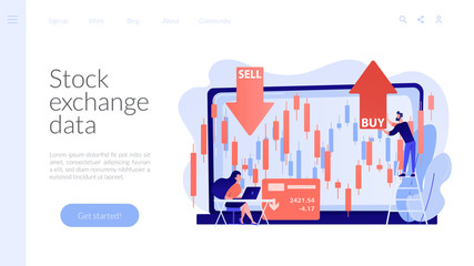 Wall Mural - tiny people stock traders at laptop with graph chart buy and sell shares. stock market index, stockb