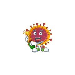 Sticker - mascot cartoon design of spreading coronavirus with bottle of beer