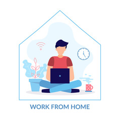 Wall Mural - a man with a computer works from home. programming, remote work, freelancing. quarantine to coronovi