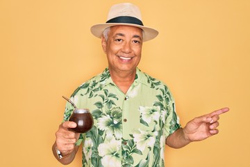 Canvas Print - Middle age senior grey-haired man wearing summer hat drinking traditional mate drink very happy pointing with hand and finger to the side