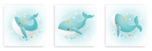 Set Of Cute Whale With Fishes, Watercolor Art Style. EPS 10
