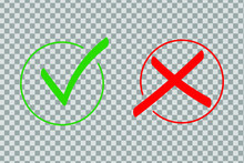 Check Mark Icon Set. Green Tick And Red Cross Flat Simbol. Check Ok, YES Or No, X Marks For Vote, Decision, Web.Correct And Incorrect Sign. Right, Wrong Icons.vector Eps10