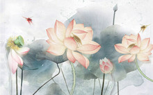 3d Illustration, Light Background, Large Pink Water Lilies With Dark Leaves, Two Colored Dragonflies