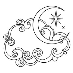 Wall Mural - Crescent moon, all seeing eye, lightning bolts over ornate cloud. Tattoo style. Vector illustration in outlines isolated on white.