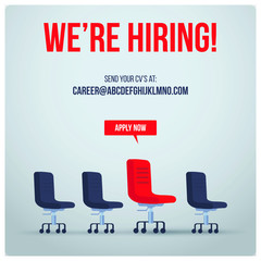 We are hiring post for facebook and instagram dimension. Hiring banner for website for software developer. Post showing computer and chair for hiring