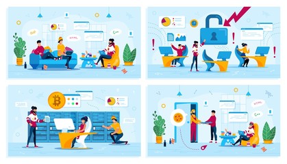 Distant Work, Online Security, Bitcoin Trading, Trendy Flat Vector Concepts Set. Employees in Panic Because of Computers Breakage, Cryptocurrency Miners, Programmers Team Working at Home Illustration