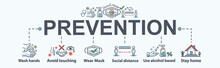 Infection Prevention And Control Banner Web Icon For Virus Lockdown, Wash Hands, Avoid Touching, Wear Mask, Social Distance, Use Alcohol Based And Work From Home. Minimal Vector Infographic.