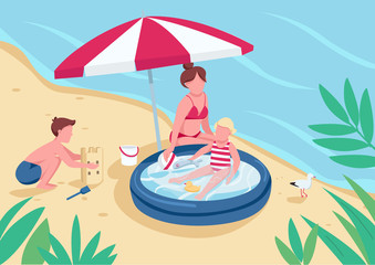 Wall Mural - mother with children on sand beach flat color vector illustration. boy building sandcastle, girl swi