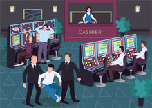 Casino Flat Color Vector Illustration. Man And Woman Play Lottery. Security Walk Off Loser With Empty Pockets. Gambler 2D Cartoon Characters In Interior With Group Of People On Background