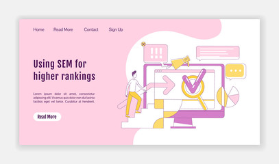 Wall Mural - sem landing page flat silhouette vector template. internet advertising homepage layout. search optim