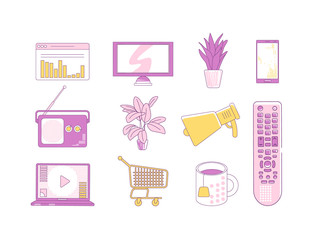 Wall Mural - purple and yellow linear objects set. brand advertising, marketing thin line symbols pack. electroni