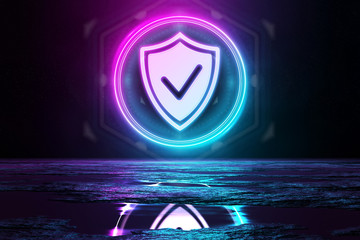 Poster - Digital cyber security holographic icon illuminating the floor with blue and pink neon light 3D rendering