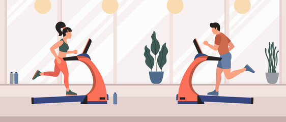 Girl and guy run on treadmills in a fitness gym vector illustration. Young people on a daily run. The concept of sport and a healthy lifestyle. Physical activity and training.