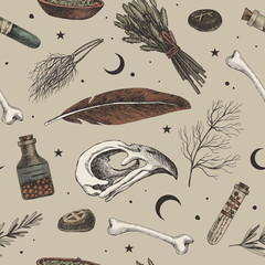 Poster - Seamless pattern with magic background for witches and wizards. Mystical objects for witchcraft vector illustration. Skull of a bird, banks with a potion, dry herbs, stones with runes, feather.