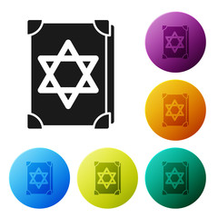 Sticker - Black Ancient magic book with alchemy recipes and mystic spells and enchantments icon isolated on white background. Set icons in color circle buttons. Vector Illustration