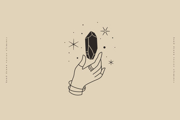Poster - Magic quartz stone sparkles and soars above the hand. Magic crystal in a trendy linear style on a light background. Mystical retro symbols for spiritual practices, ethnic rites. Tattoo sketch.