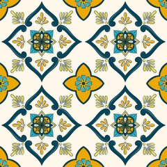 Wall Mural - Spanish tile pattern vector seamless with green ornament. Portuguese azulejos, mexican talavera, sicily majolica or italian ceramic. Mosaic texture for kitchen wall or bathroom floor.
