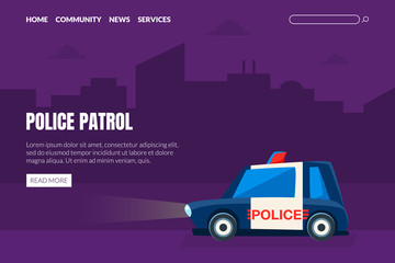 Wall Mural - Police Patrol Landing Page Template, Police Car on Background of City Landscape Web Page, App Vector Illustration