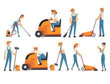 Cleaning Company Staff Collection, Professional People Vacuuming, Washing, Sweeping And Mopping The Floor, Male And Female Workers Characters Dressed In Overalls And Rubber Gloves Vector Illustration