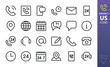 Contact us isolated icons set. Set of contact calling phone, helpdesk support, mobile phone chat, at sign, 24 hours working time, retro telephone, mail outline vector icon for website interface