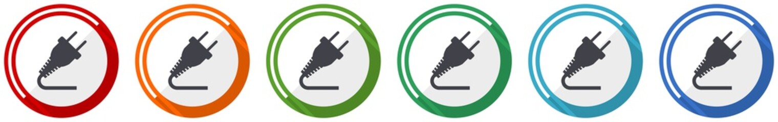 Aufkleber - Plug icon set, flat design vector illustration in 6 colors options for webdesign and mobile applications