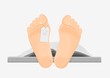 © Богдан Скрипник - Naked cartoon human feet with tag cover sheet vector graphic illustration. Foot of barefoot person dead body cadaver lying at morgue ready to autopsy isolated on white background
