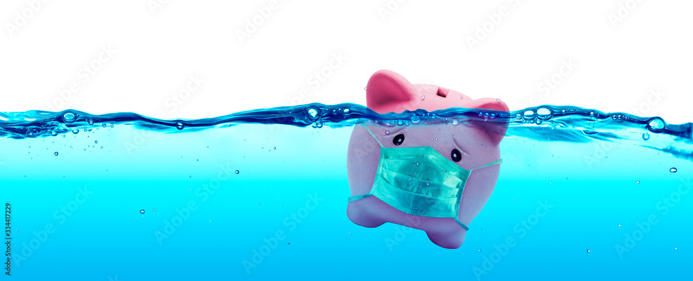 Piggy bank Wearing A Protective Face Mask Drowning In Underwater - Protection Concept And Savings To Risk - obrazy, fototapety, plakaty 