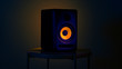 © Dani - Studio loudspeaker for music producer, illuminated in blue and purple, isolated in a yellow illuminated background. Electronic music concept
