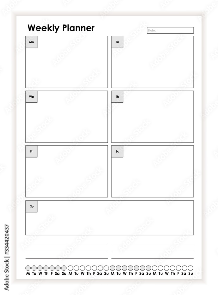 Simple black and white weekly planner paper sheet template vector flat illustration. Monochrome daily week schedule. Business calendar start from monday. Empty board with place for text - obrazy, fototapety, plakaty 
