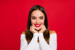 © deagreez - Portrait of lovely cute pretty nice candid content girl touch fists face admire her family friends wear white good look outfit isolated over bright shine color background