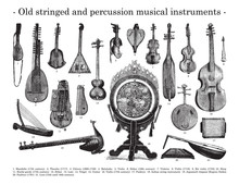 Old Stringed And Percussion Musical Instruments / Vintage Illustration From Brockhaus Konversations-Lexikon 1908