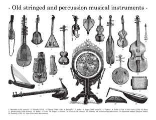 Old stringed and percussion musical instruments / vintage illustration from Brockhaus Konversations-Lexikon 1908