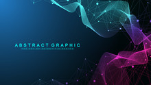 Geometric Abstract Background Expansion Of Life. Colorful Explosion Background With Connected Line And Dots, Wave Flow. Graphic Background Explosion, Motion Burst. Scientific Vector Illustration.