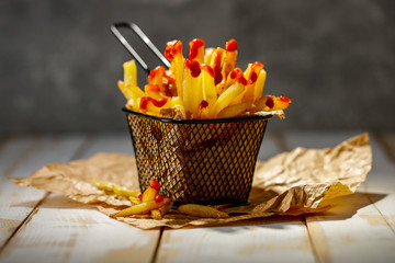 Poster - fresh food on white wooden table and free space for your decoration. 