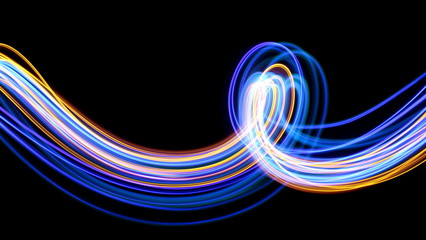 Wall Mural - Light painting photography, blue and gold loops and swirls of vibrant color, long exposure photo of fairy lights against a black background