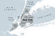 © Peter Hermes Furian - New York City gray political map. Most populous city in the United States located in the state of New York. Manhattan, Bronx, Queens, Brooklyn and Staten Island. English labeling. Illustration. Vector
