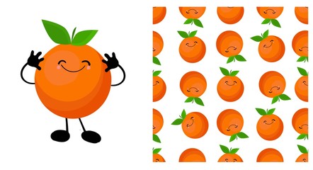 Wall Mural - Orange character. Cute cartoon fruit. Vector illustration isolated on a white background. Citruses seamless pattern..