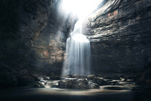 Waterfall In A Cave In A Mysterious Environment. Tourism In Spain, Catalonia, Barcelona, Osona, Cantonigros, La Foradada.