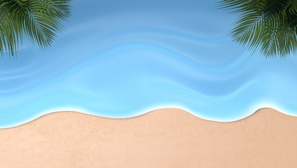 blank space empty in beach blue sea and sand sun Summer top view background. decoration by palm leaves coconut tree. scene display stage platform product, sale, banner, cosmetic, offer. 3D render