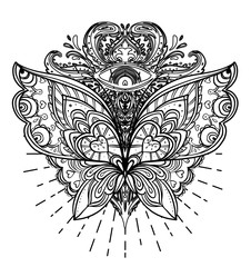 Wall Mural - Black and white butterfly over sacred geometry sign, isolated vector illustration. Tattoo sketch. Mystical symbols and insects. Alchemy, occultism, spirituality, coloring book. Hand-drawn vintage.