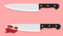 A Bloody Sharp Knife Placed On A Red Background.