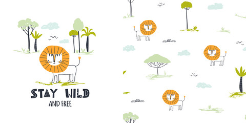 Wall Mural - Stay wild. Cute little lion. T-shirt design and seamless pattern