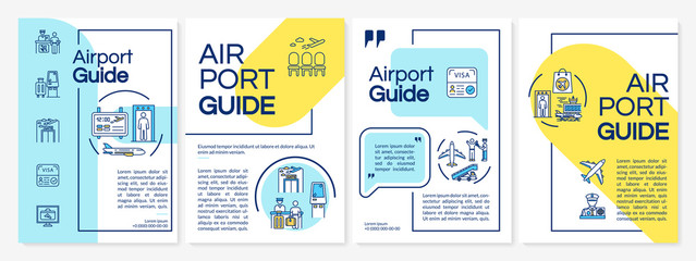 Airport guide brochure template. Airline company, commercial flights flyer, booklet, leaflet print, cover design with linear icons. Vector layouts for magazines, annual reports, advertising posters