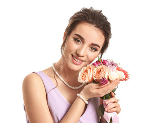 Sticker - Young woman with beautiful hairdo and flowers on white background