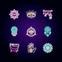 Poster - Magical accessories in boho style neon light icons set. Prophecy and occultism amulets. Lotus flower esoteric symbol. Signs with outer glowing effect. Vector isolated RGB color illustrations