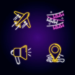 Sticker - Holiday recreation neon light icons set. Travel with airplane. Festive decoration. Loudspeaker sign. GPS point location. Signs with outer glowing effect. Vector isolated RGB color illustrationss