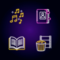 Poster - Recreation neon light icons set. Musical notation. Sound notes. Personal diary. Hobbies for relaxation. Leisure activities. Signs with outer glowing effect. Vector isolated RGB color illustrationss