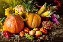 The Table, Decorated With Vegetables And Fruits. Harvest Festival. Happy Thanksgiving. Autumn Background. Selective Focus.
